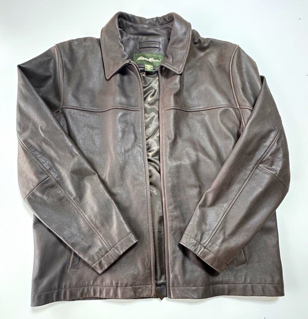 Eddie Bauer Men's Brown Leather Jacket Full Zip Lined Pockets XL Regular Fit